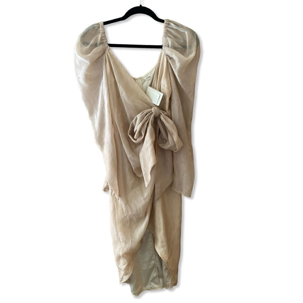 Tularosa Rene Dress sandstone beige midi puff sleeve bow romantic Revolve - Picture 5 of 9